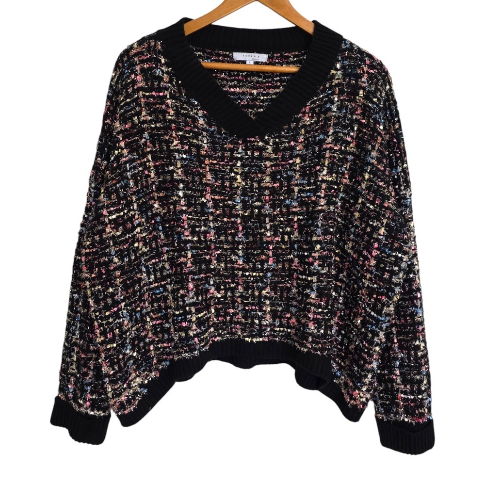 FAVLUX Chunky Oversized Silver Metallic Ribbon V-Neck Tinsel Sweater Black